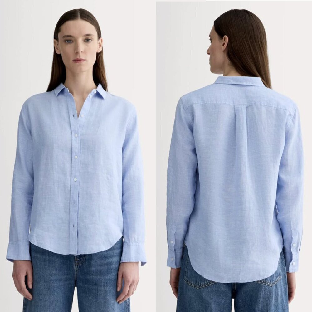 Everlane The Must-Have Button Down Long Sleeved Shirt in Linen in Light Blue, 2
